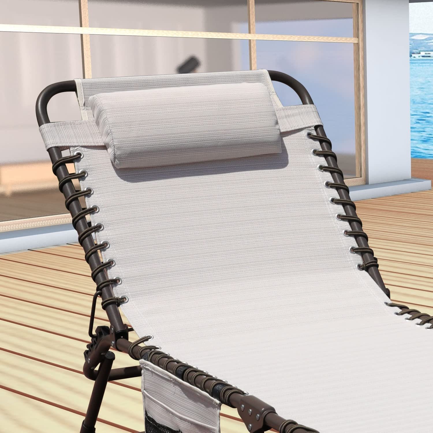 Foldable Patio Chaise Lounge Chair for Outdoor with Detachable Pocket and Pillow, Portable Adjustable Sun Lounger Recliner for Beach, Camping and Pool Doba